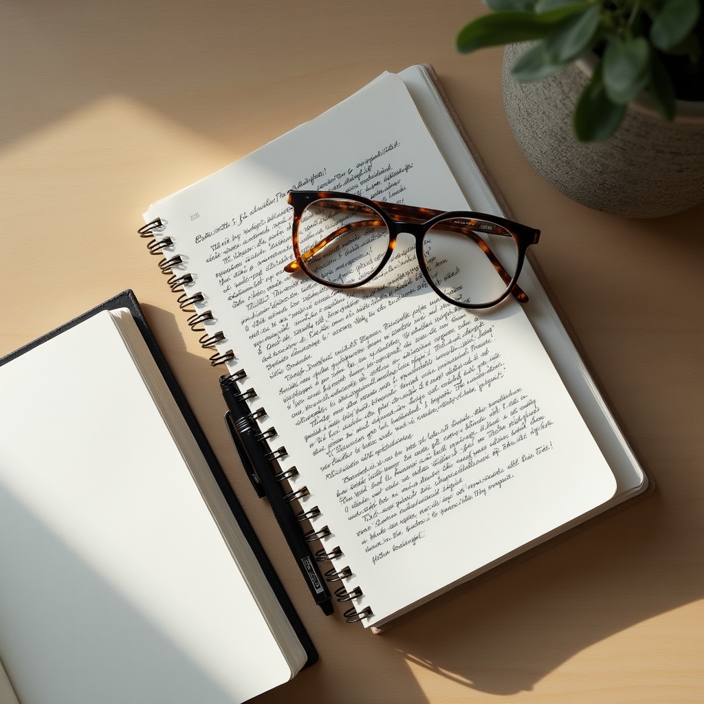 Quaderno con appunti scritti a mano, occhiali e libro aperto su una scrivania minimalista