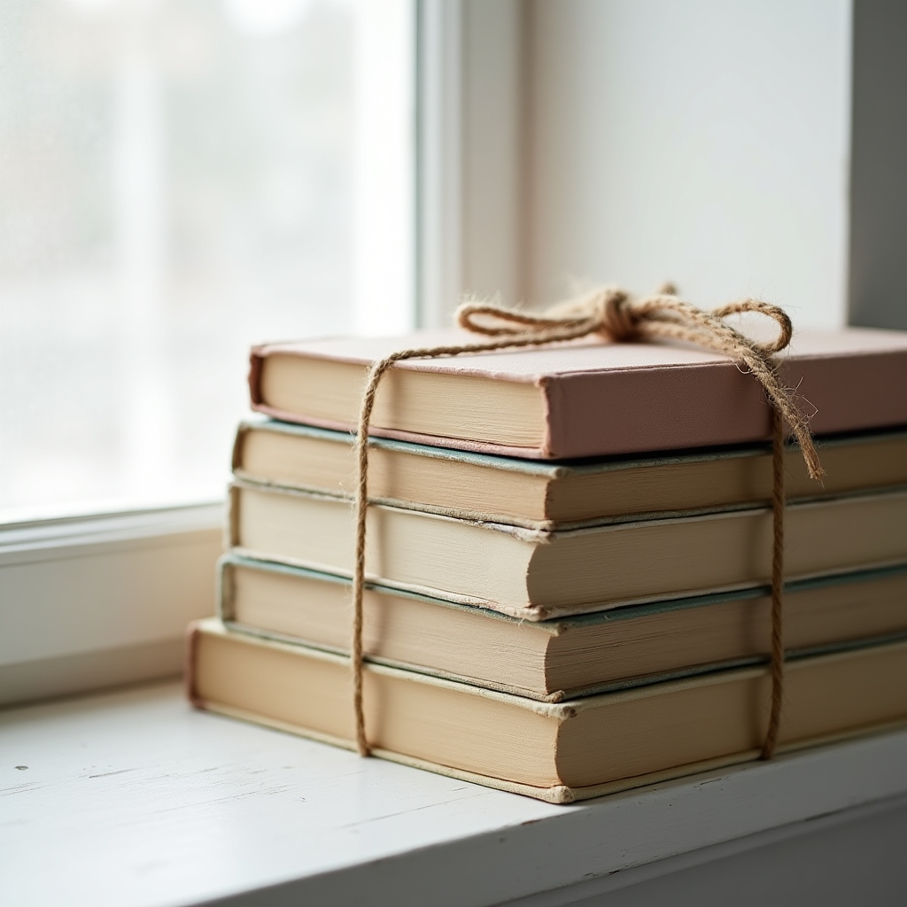 Pila di libri classici legati con uno spago su un davanzale illuminato dalla luce naturale