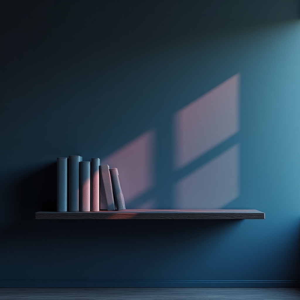 Angolo minimalista con libri di narrativa contemporanea in piedi su una mensola