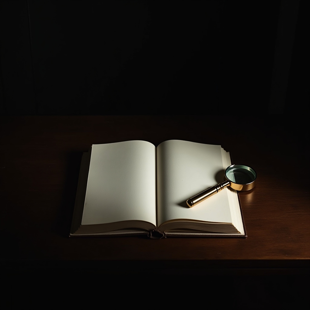 Libro aperto su un tavolo scuro con lente d'ingrandimento e luce drammatica laterale