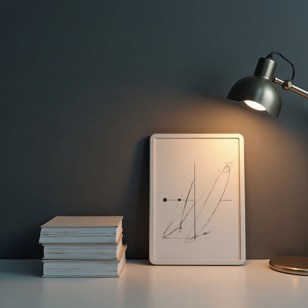 Scrivania minimalista con libri di saggistica impilati e lampada da lavoro accesa