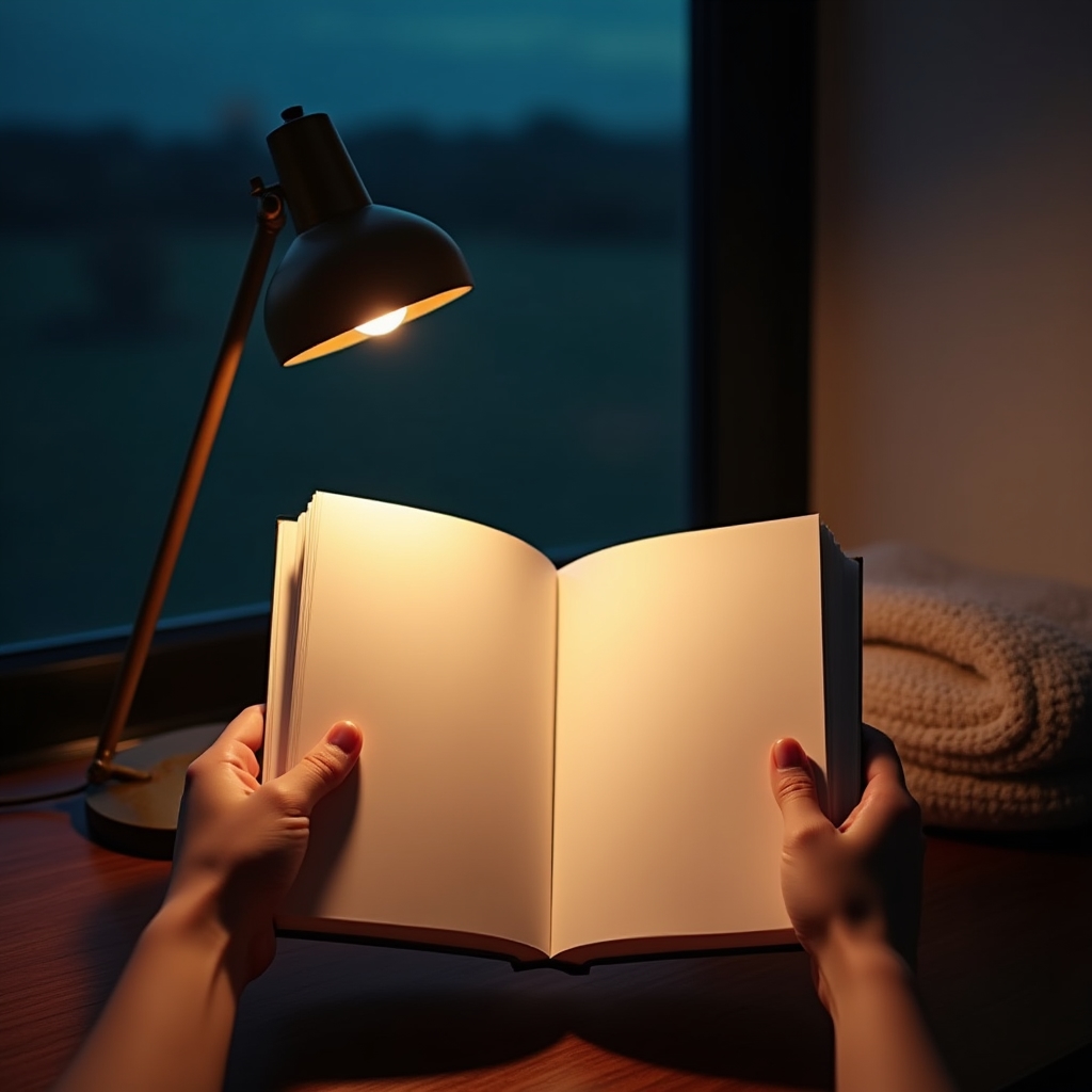 Angolo lettura minimalista con libro aperto e luce calda di lampada