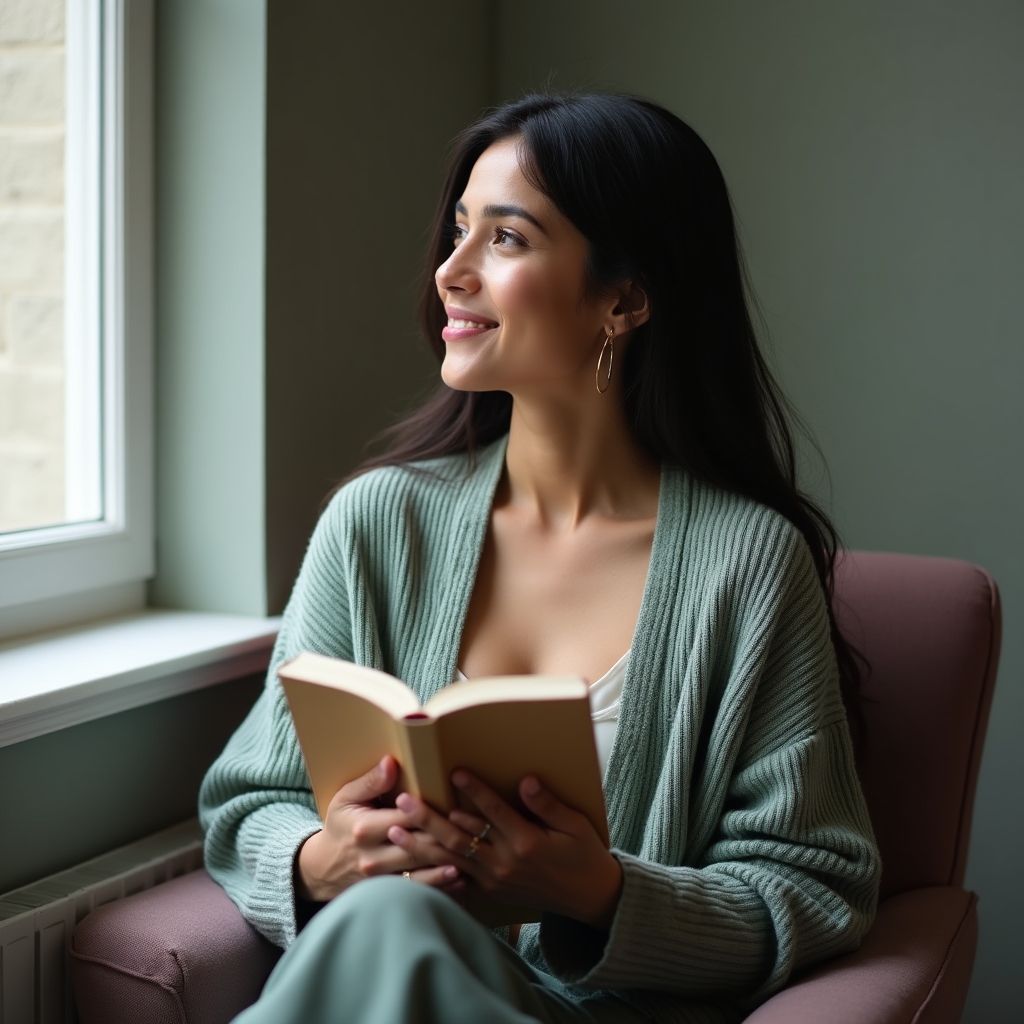 Donna seduta su una poltrona di lettura che tiene un libro vicino al petto in un ambiente minimalista